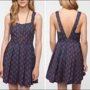 Blue w/red giraffe print deep-v back dress